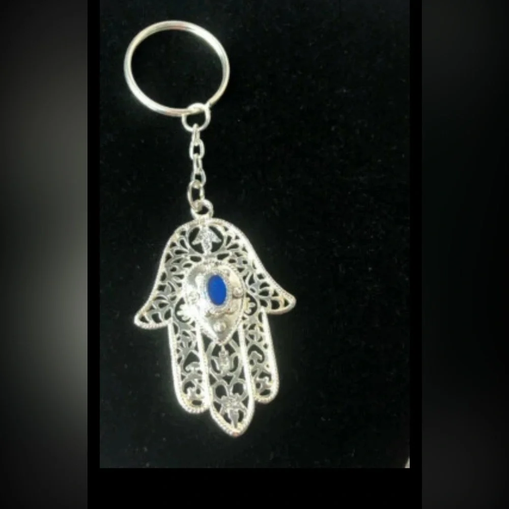 Hamsa Keychain Metal Hand Silver Tone Travel Souvenir Blue Accent New